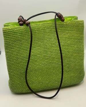St. John's Bay Green Woven Wheatstraw Tote Bag with Beaded Wood Accents